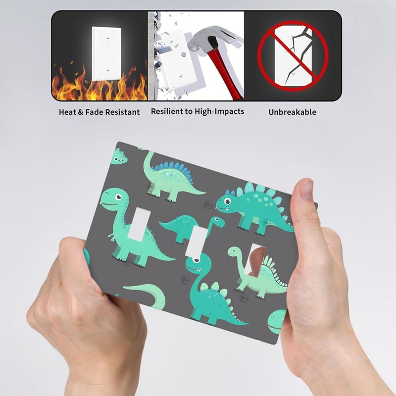 Moslion Green Dinosaur Triple Gang Toggle Covers Cartoon Cute Animal Dino Wall Plate Switch Plug Faceplate Home Decor Bedroom Bathroom - Image 3